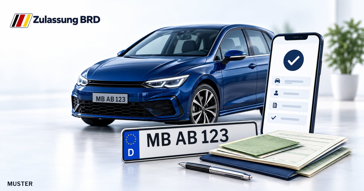 Online Fahrzeugzulassung in Holzkirchen: Musterkennzeichen MB AB 123, Auto und Fahrzeugpapiere und Smartphone. Illustration mit Logo von Zulassung BRD.